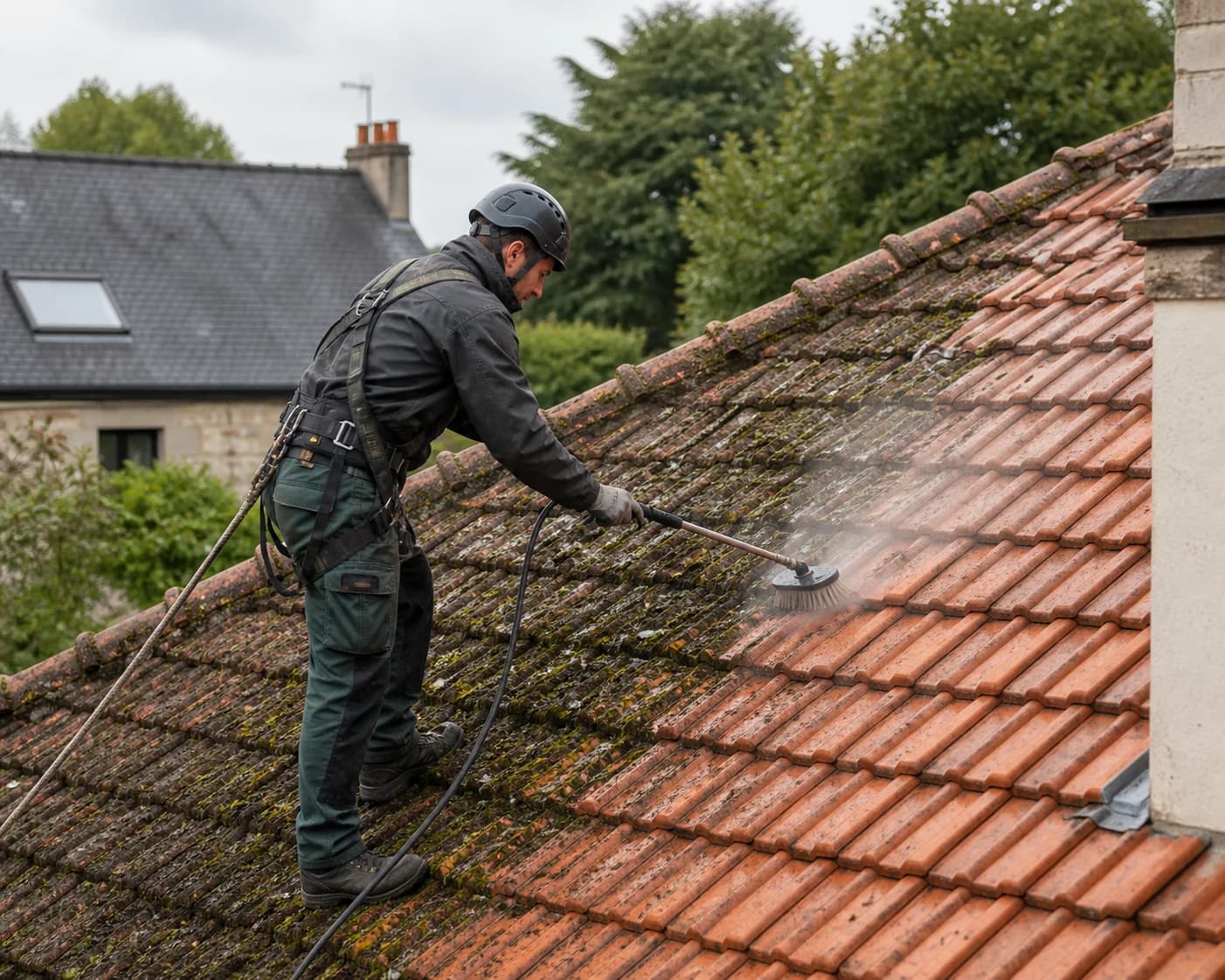 Professionnel assuré et responsable retirant la mousse d’une toiture à l’aide d’une brosse